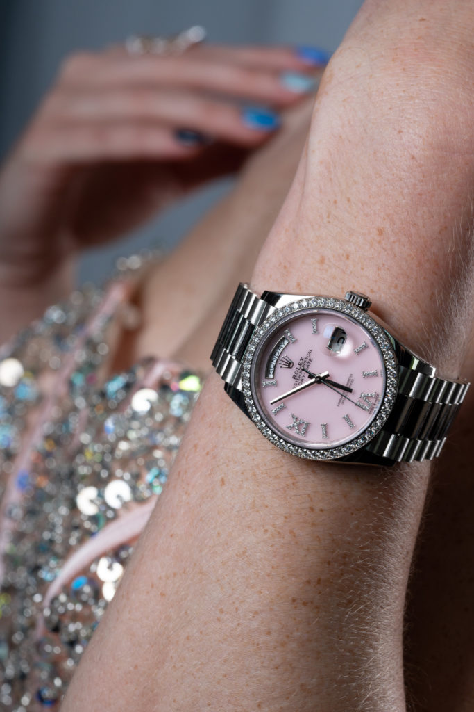 rolex day-date pink on wrist