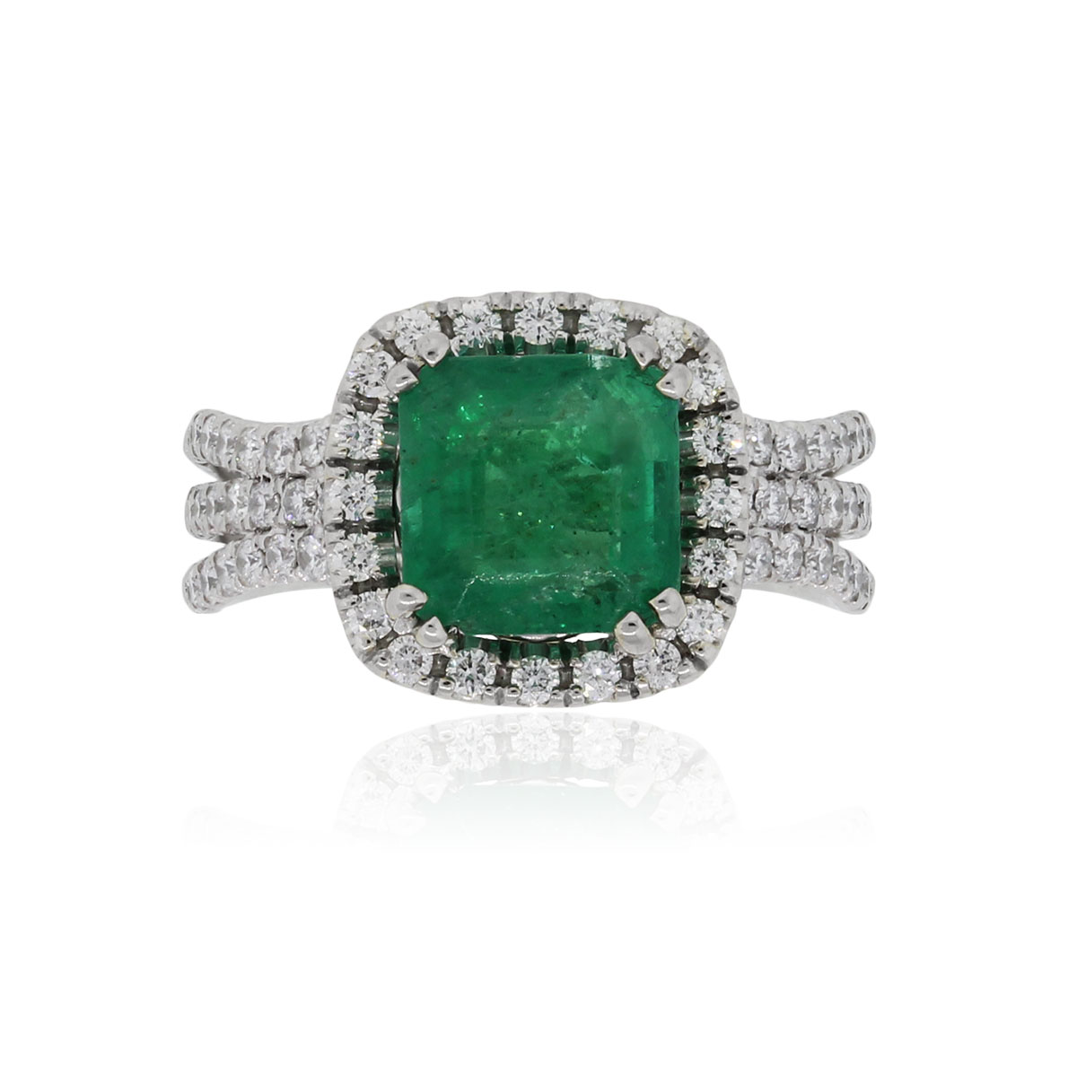 14k White Gold 2ct Cushion Cut Emerald and 0.85ctw Diamond Ring