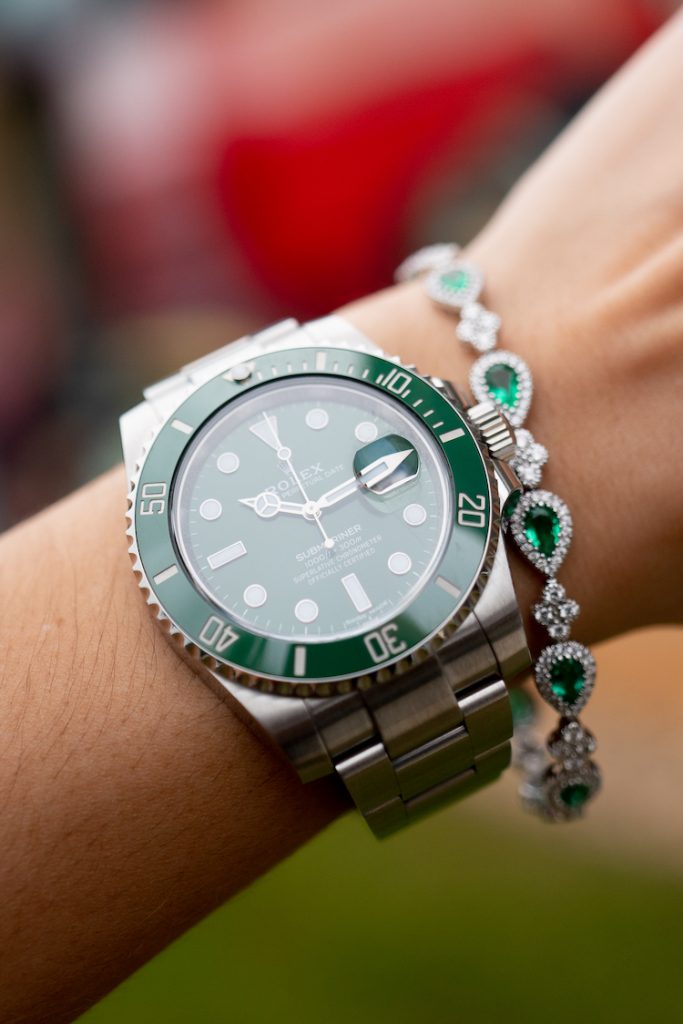 green jewelry and watch set