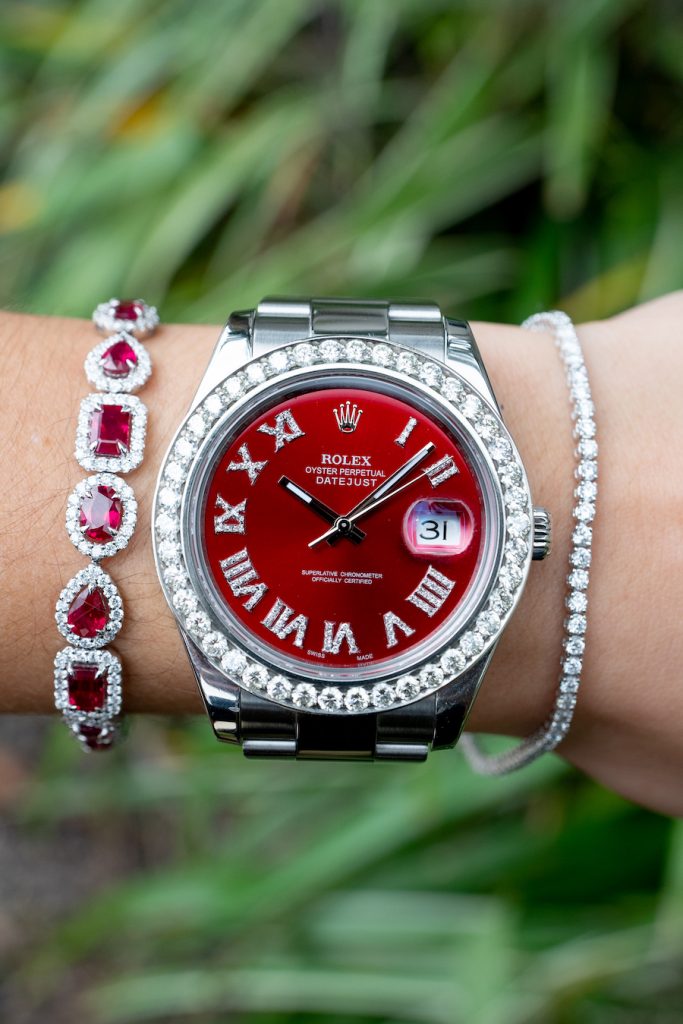 matching red watch and jewelry