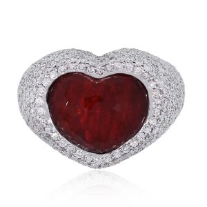18k White Gold 7.74ct Heart Ruby and 3.79ctw Pave Diamond Cocktail Ring