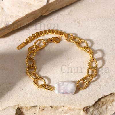 French Vintage 18K Gold Plated Stainless Steel Baroque Freshwater Pearl Bracelet