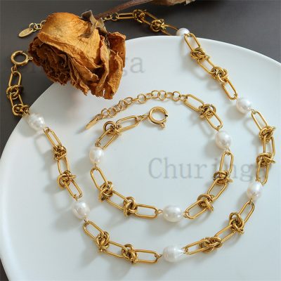 French 18K Gold Plated Torsion Stainless Steel Baroque Freshwater Pearl Bracelet