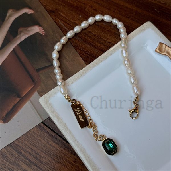 Vintage Baroque Pearl Emerald Stainless Steel Bracelet