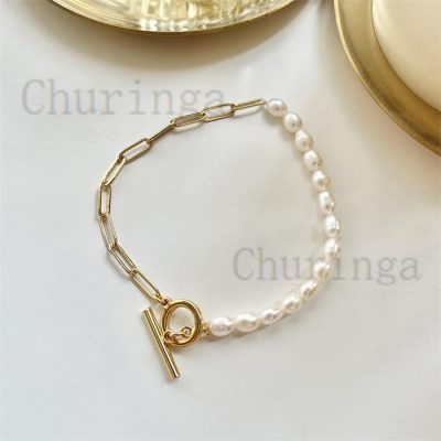 Retro Natural Rice Shape Pearl Stainless Steel Baroque Simple Bracelet
