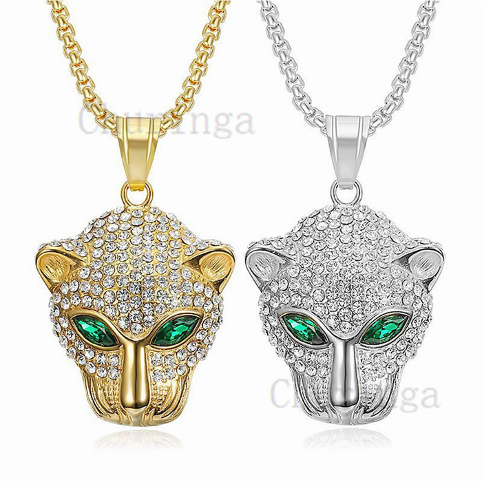 Leopard Head Encrusted With Crystal Hip Hop Stainless Steel Pendant