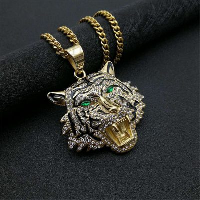 Crystal-Encrusted Tiger Head 18-Karat Gold-Plated Stainless Steel Pendant