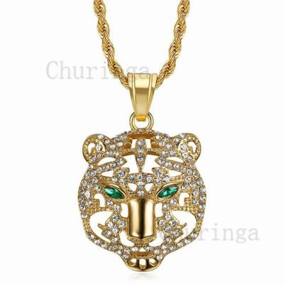 18K Gold-Plated And Crystal-Encrusted Tiger Head Stainless Steel Pendant