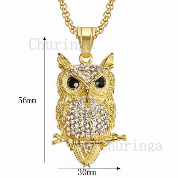 Crystal-Encrusted Owl 18K Gold-Plated Stainless Steel Pendant