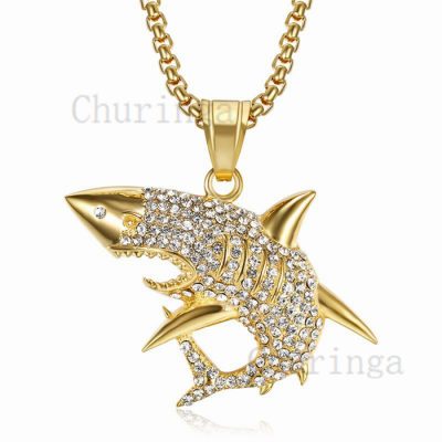 18K Gold-Plated Crystal White Shark Hip HopStainless Steel Pendant