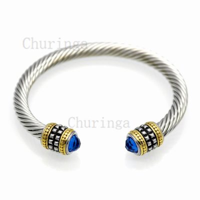 Vintage Simple Blue Crystal Encrusted Stainless Steel Wire Bracelet