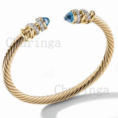 Vintage Simple 18K Gold plated And Blue Crystal-Encrusted Stainless Steel Wire Bracelet
