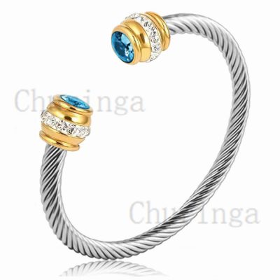 Women's Bracelet With Colored Blue Crystal Opening Stainless Steel 18K Gold Plating