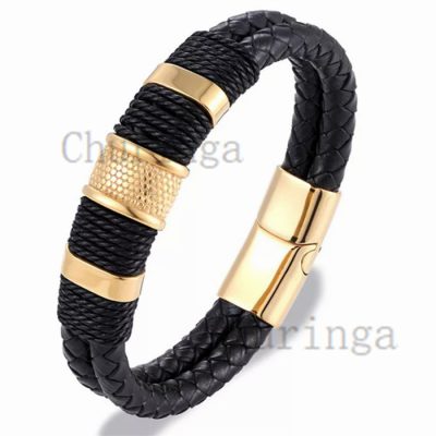 Stainless Steel Business Leather Rope Woven Gold Plated Bracelet