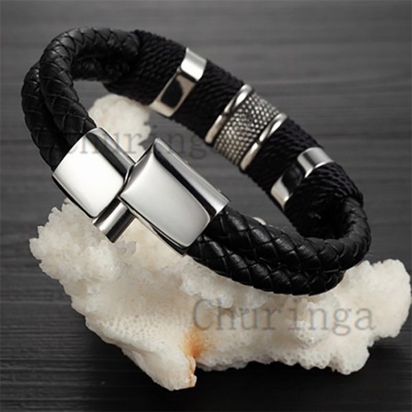 Stainless Steel Business Leather Rope Woven Gold Plated Bracelet