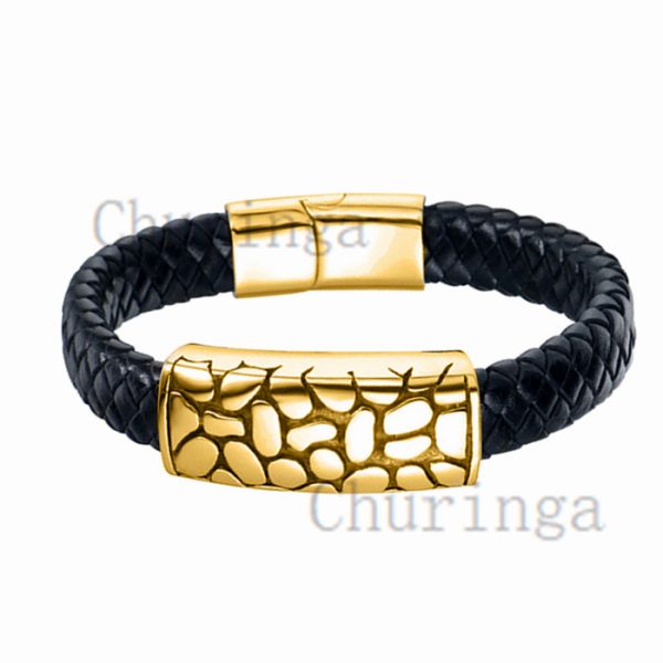 Stainless Steel Business Leather Rope Woven Steel Color Stone Crack Pattern Bracelet