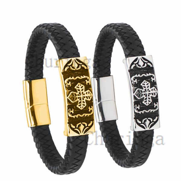 PSSZ0004 Stainless Steel Gold Plated Cross Pattern Leather Rope Bracelet
