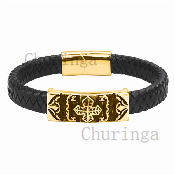 PSSZ0004 Stainless Steel Gold Plated Cross Pattern Leather Rope Bracelet