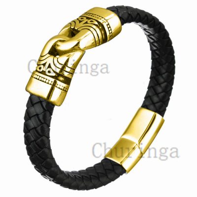 Stainless Steel Steel Color Leather Rope Woven Bracelet