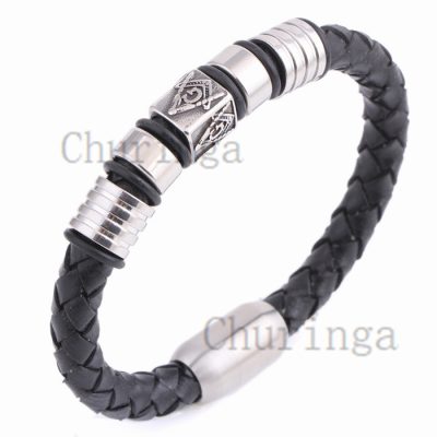 Stainless Steel Black Paint Totem Masonic Leather Rope Woven Bracelet