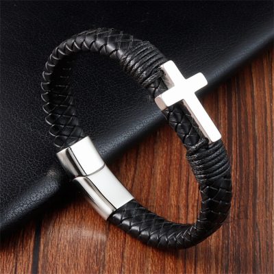 Stainless Steel Cross Leather Rope Woven Bracelet