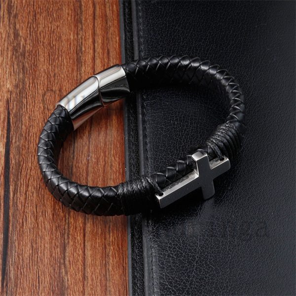 Stainless Steel Cross Leather Rope Woven Bracelet