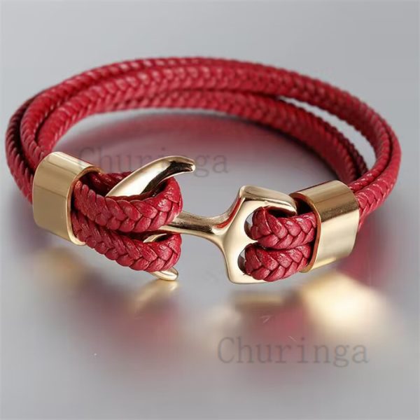 Stainless Steel Gold Plated Anchor Leather Rope Woven Bracelet