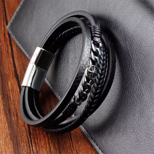 Stainless Steel Multilayer Chain Leather Rope Bracelet