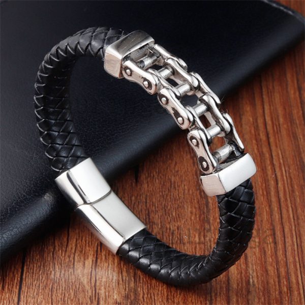 Stainless Steel Chain Leather Rope Woven Bracelet