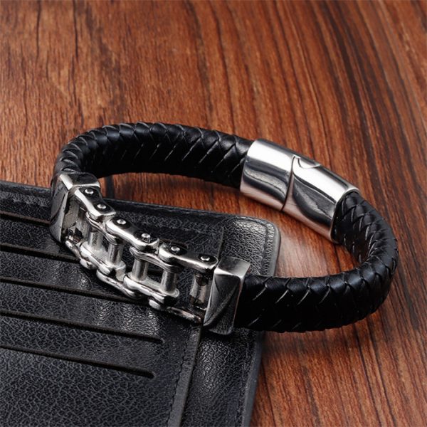 Stainless Steel Chain Leather Rope Woven Bracelet
