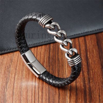 Stainless Steel Cuban Chain Leather Rope Woven Bracelet