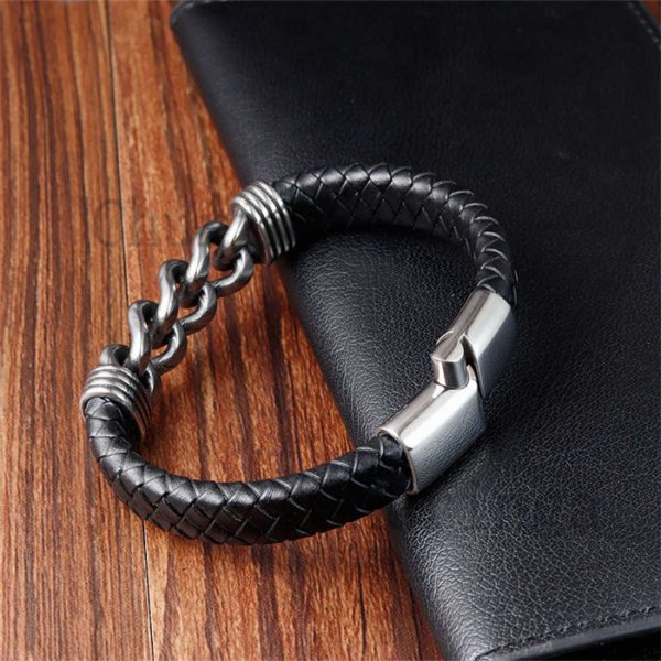 Stainless Steel Cuban Chain Leather Rope Woven Bracelet