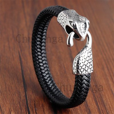 Stainless Steel Snakehead Leather Rope Woven Bracelet