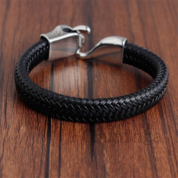 Stainless Steel Snakehead Leather Rope Woven Bracelet