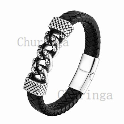 Stainless Steel Vintage Cuban Chain Braided Leather Rope Bracelet