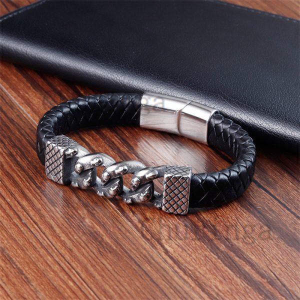 Stainless Steel Vintage Cuban Chain Braided Leather Rope Bracelet