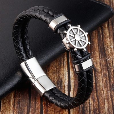 Stainless Steel Character Rudder Braided Leather Rope Bracelet