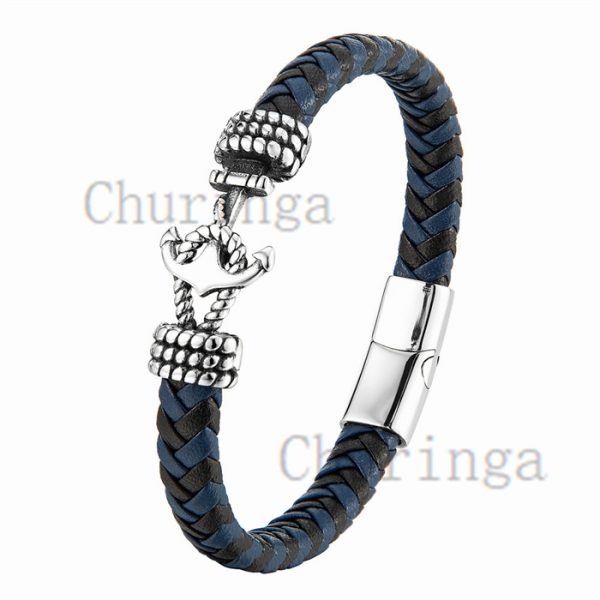 Stainless Steel Character Anchor Braided Leather Rope Bracelet