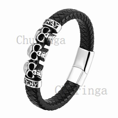 Stainless Steel Character Ghost Head Braided Leather Rope Bracelet