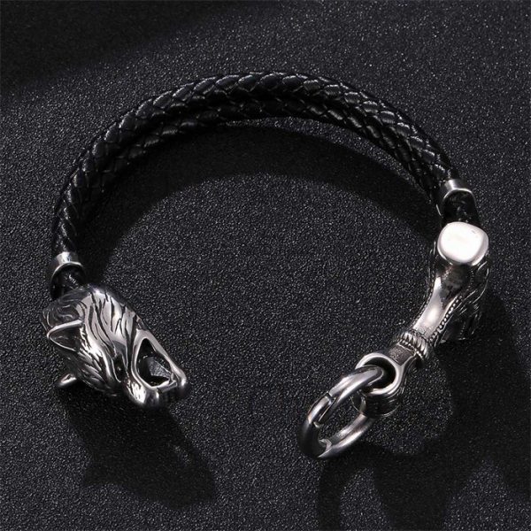 Stainless Steel Viking Wolf Head Braided Leather Rope Bracelet