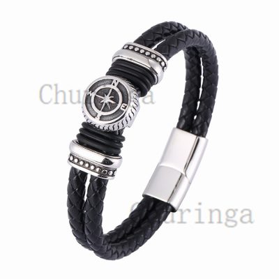 Stainless Steel Viking Compass Braided Leather Rope Bracelet