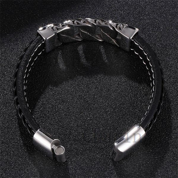 Stainless Steel Character Chain Braided Leather Rope Bracelet