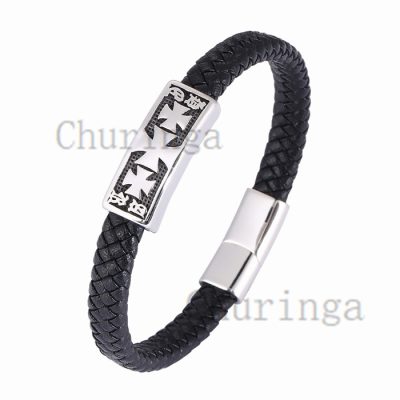 Stainless Steel Character Cross Pattern Braided Leather Rope Bracelet