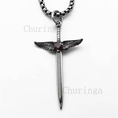 Angel Wings Sword Hilt With Heart Crystal Stainless Steel Vintage Pendant
