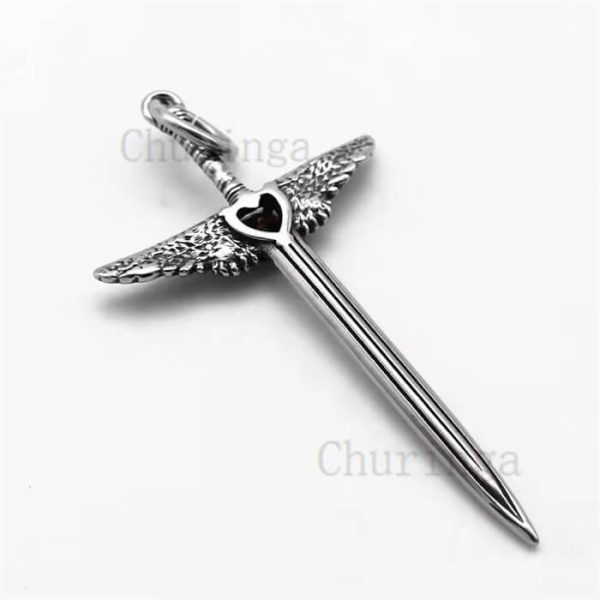 Angel Wings Sword Hilt With Heart Crystal Stainless Steel Vintage Pendant