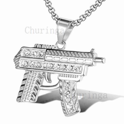 Stainless Steel Pendant For Occident Gold-Plated And Crystal-Encrusted Submachine Gun