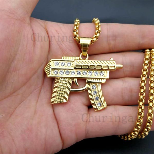 Stainless Steel Pendant For Occident Gold-Plated And Crystal-Encrusted Submachine Gun