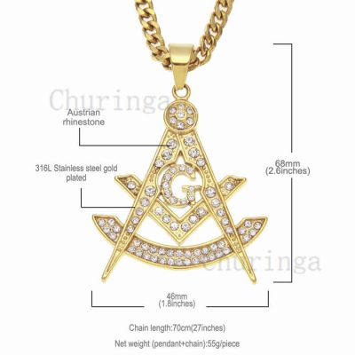 18K Gold-Plated Stainless Steel Crystal Masonic Pendant