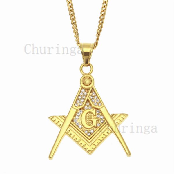 18K Gold-Plated Stainless Steel Crystal Freemason Pendant