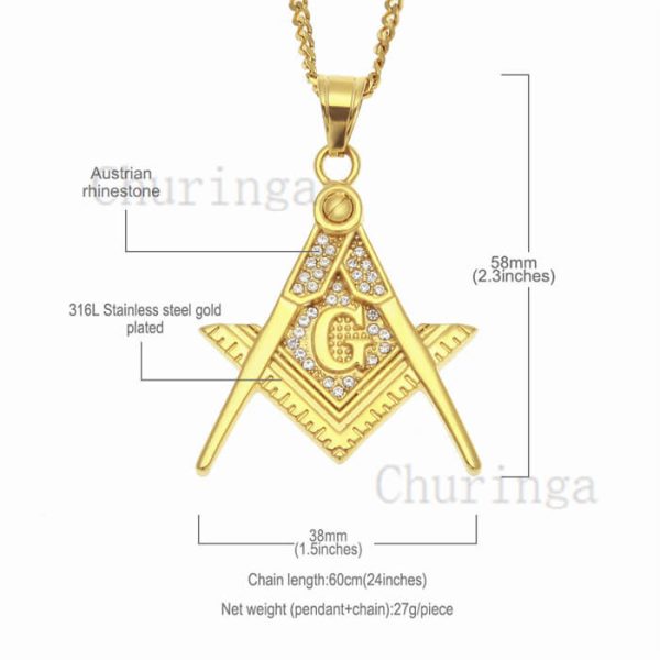 18K Gold-Plated Stainless Steel Crystal Freemason Pendant